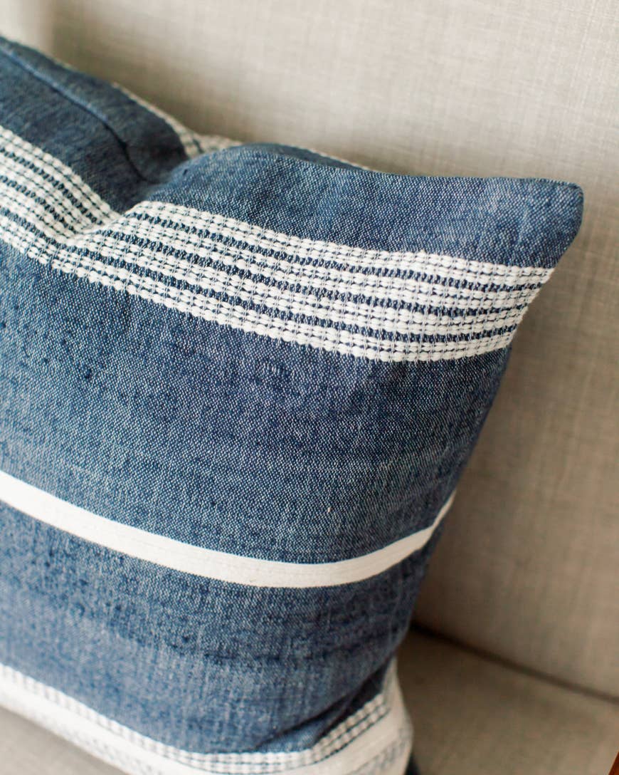 Handwoven Cotton Pillow – Artisan-Made Comfort: Navy with Natural