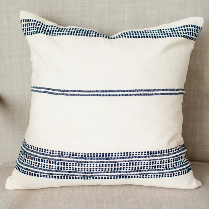 Handwoven Cotton Pillow – Artisan-Made Comfort: Natural with Navy