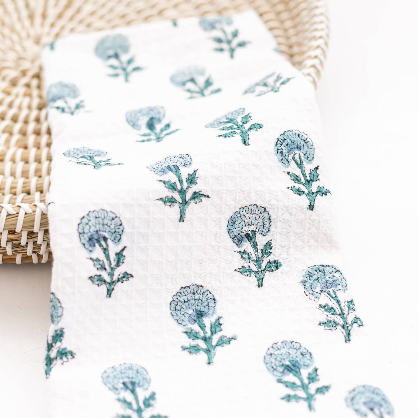 Waffle Block Print Tea Towel: Blue
