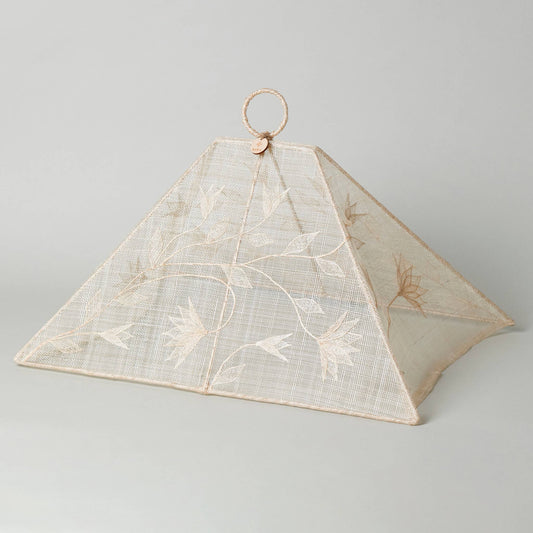 Open abaca food cover with floral appliqué, handmade for outdoor entertaining