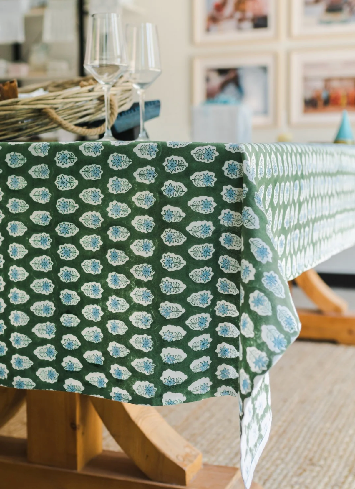 Tablecloth - Poinsettia, Sage & Uniform Blue: 60” x 90”