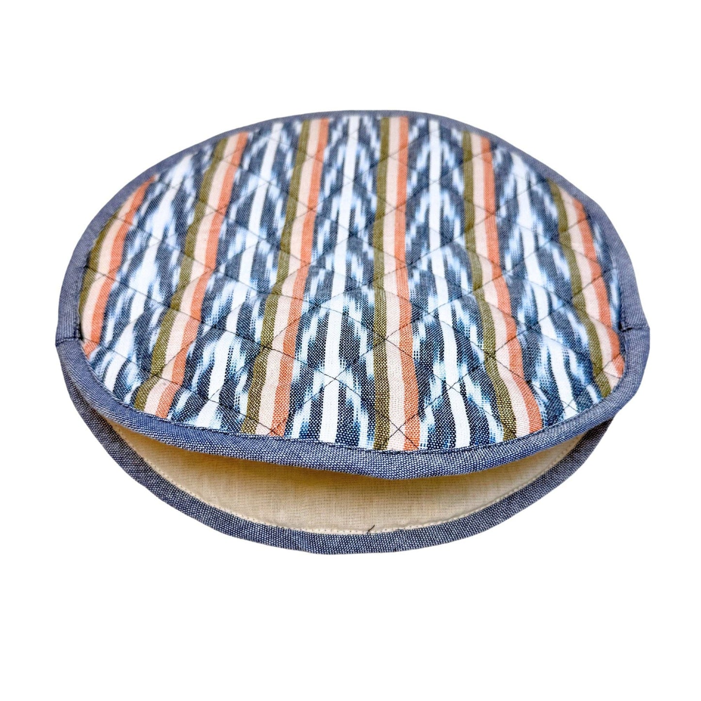 Quilted fabric tortilla warmer with striped pattern on a white background