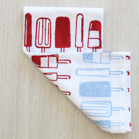 Hand-Printed Cotton Tea Towel – Popsicles (Uniform Blue & Red)