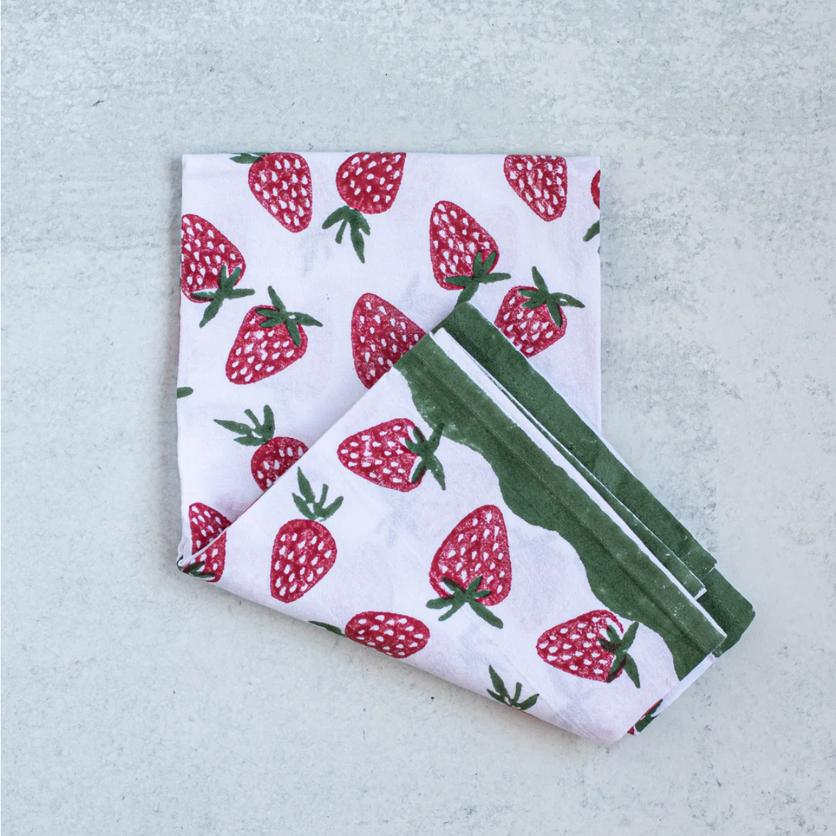 hand blocked tea towel with strawberry pattern