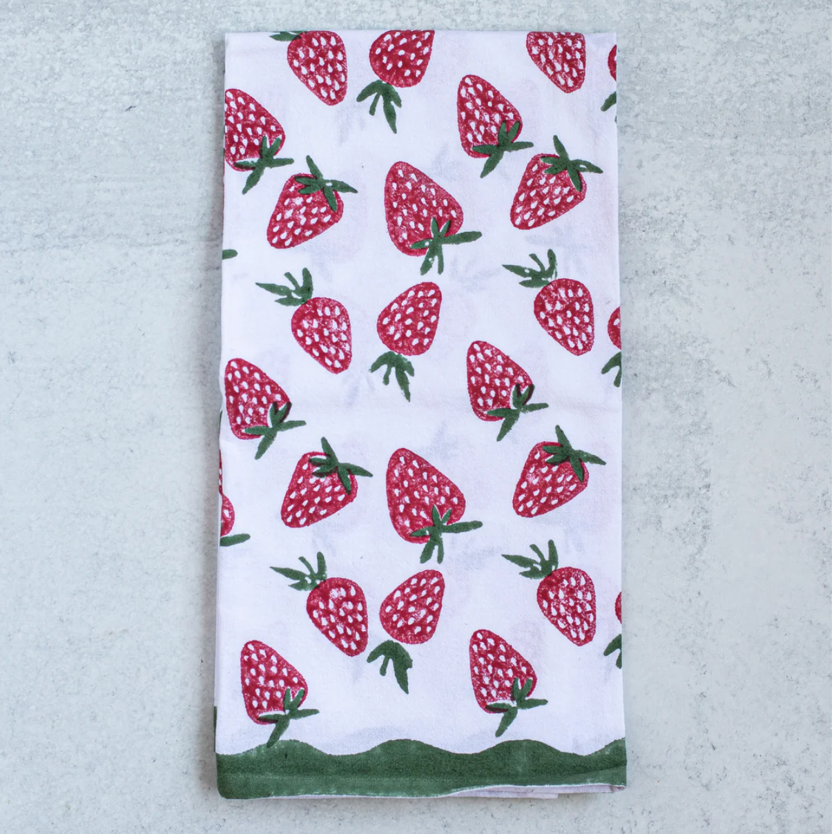 hand blocked tea towel with strawberry pattern
