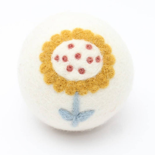 handmade wool dryer ball with stitched sunflower design