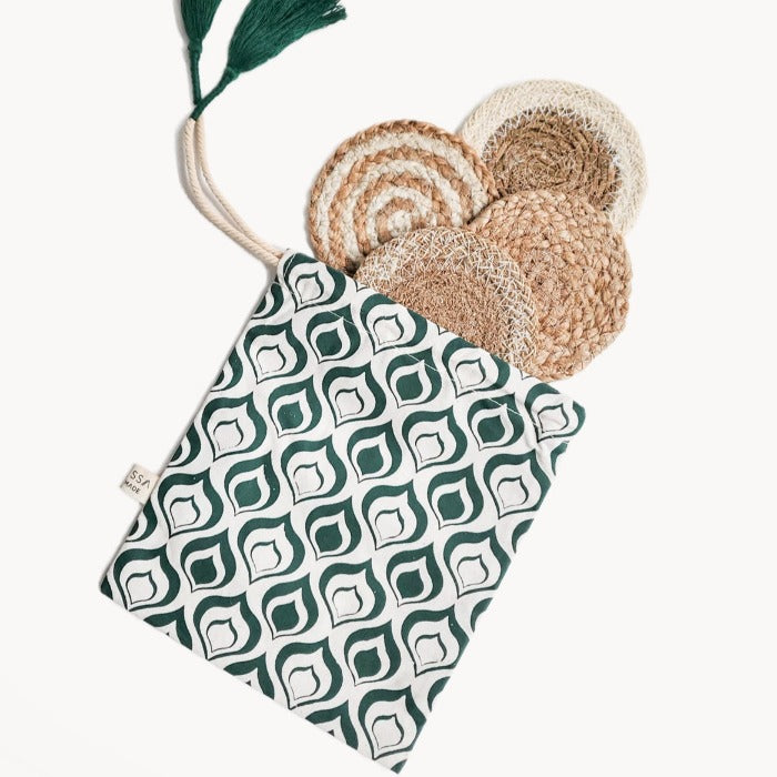 Natural Coaster Gift Set with Green pouch