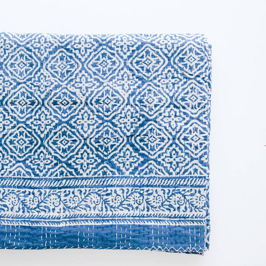 Kantha Stitch Bedcover: Blue