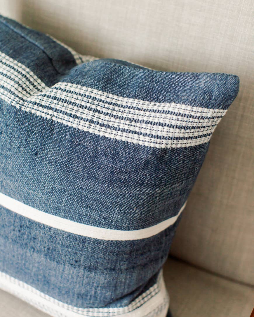 18" Aden Cotton Throw Pillow Cover with Insert: Navy with Natural