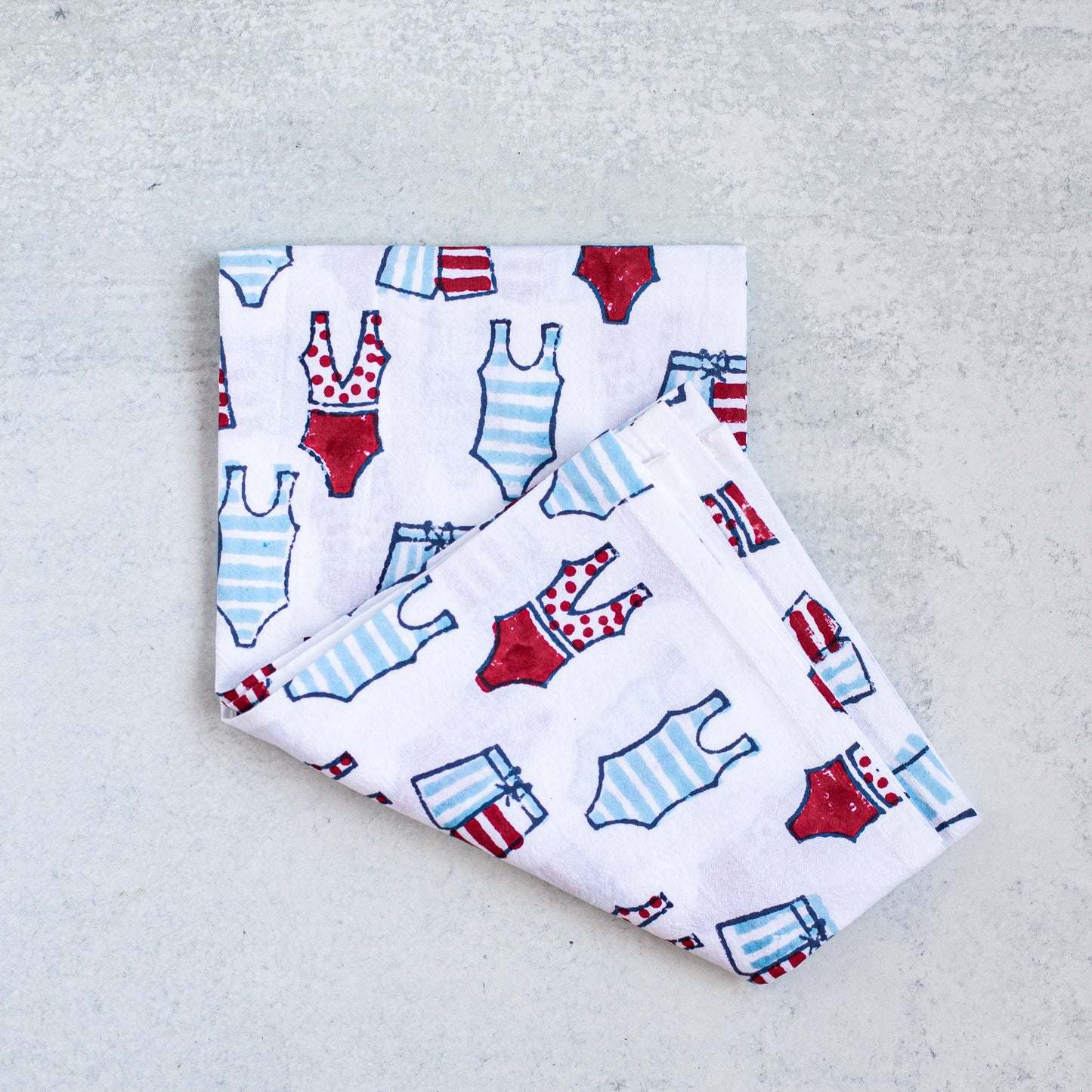 Hand-Printed Cotton Tea Towel – Swimsuits (Uniform Blue & Red)