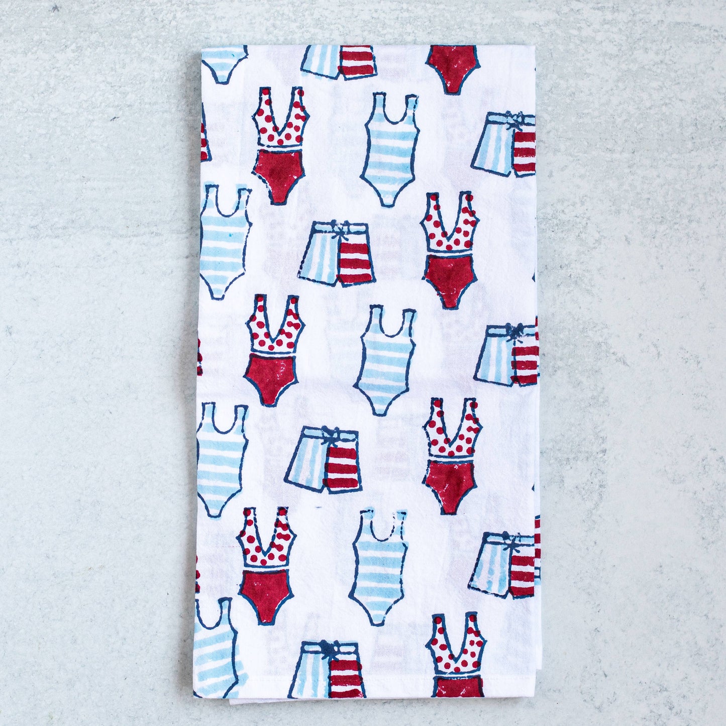 Hand-Printed Cotton Tea Towel – Swimsuits (Uniform Blue & Red)