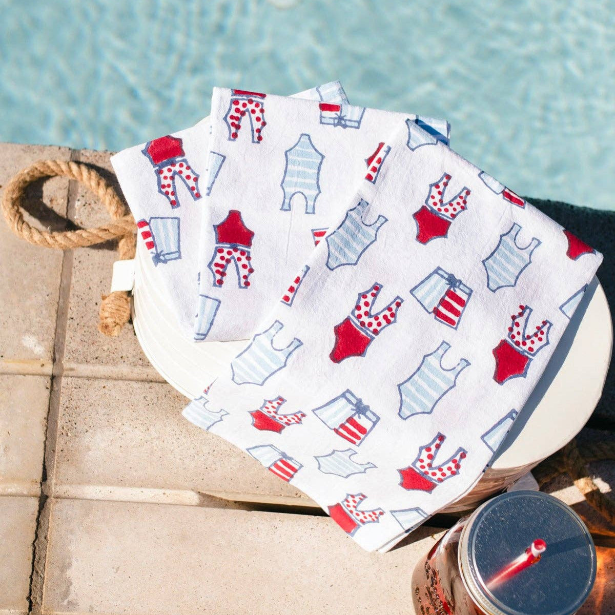 Hand-Printed Cotton Tea Towel – Swimsuits (Uniform Blue & Red)