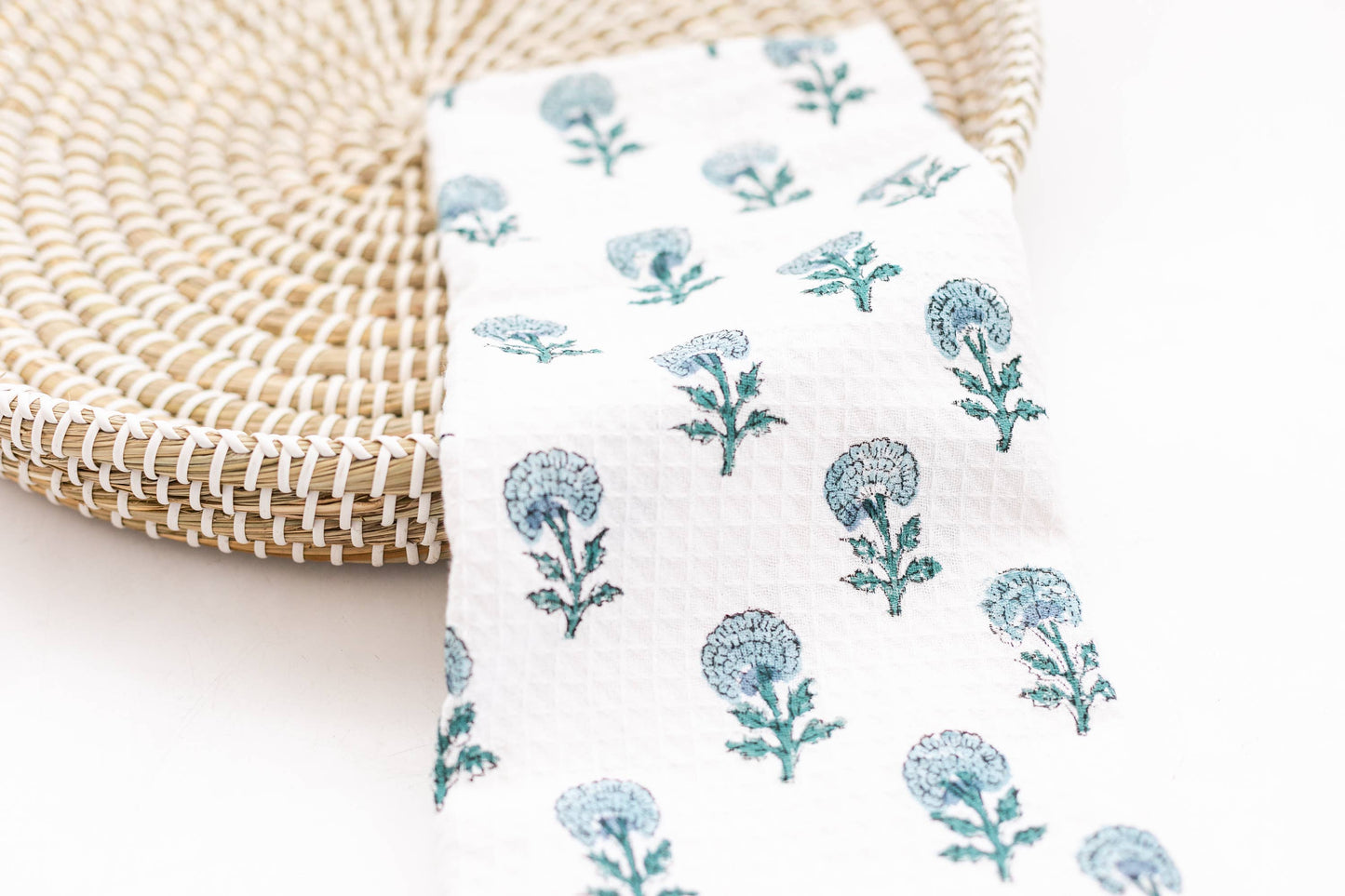 Waffle Block Print Tea Towel: Blue