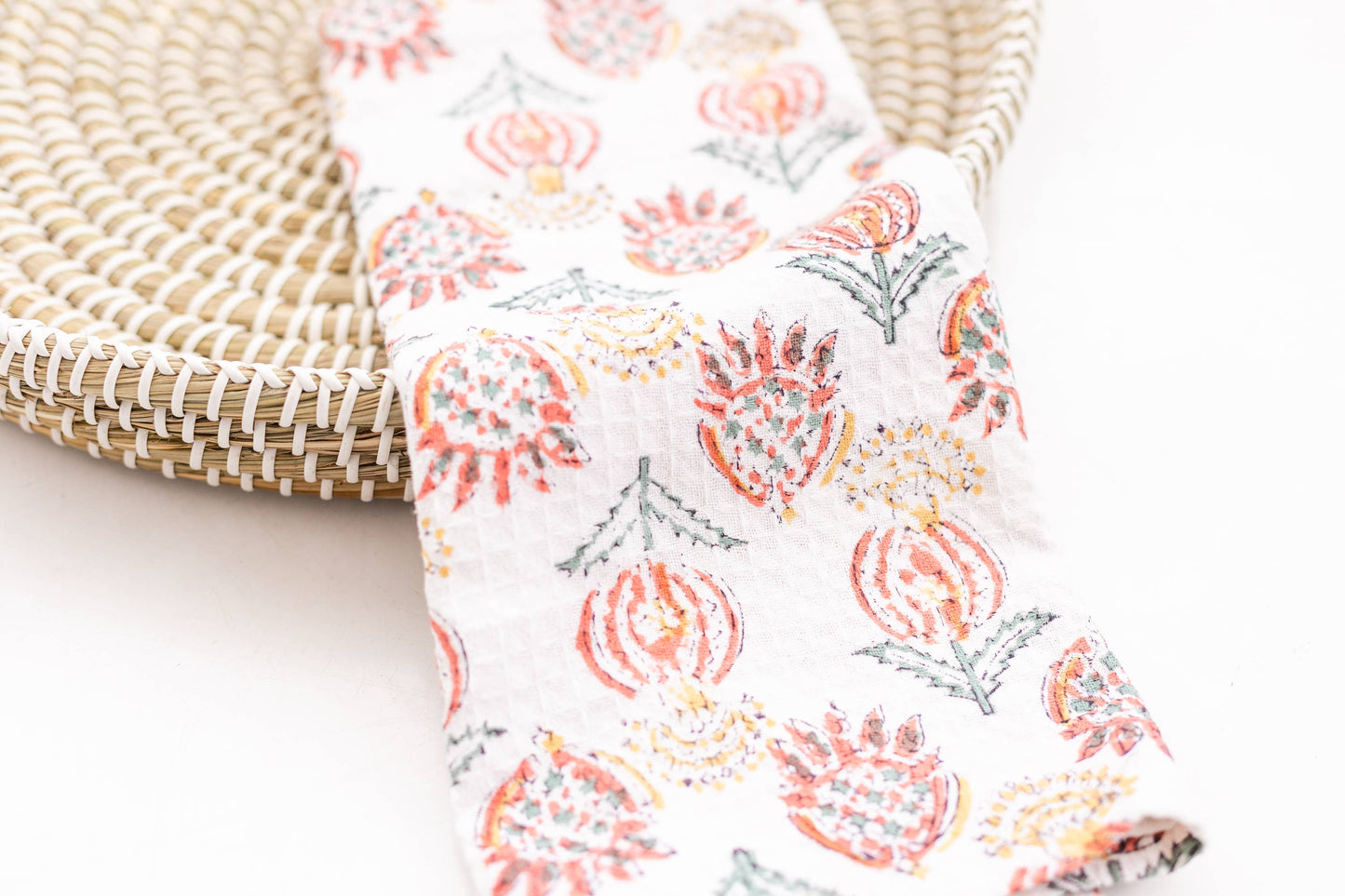 Waffle Block Print Tea Towel: Coral