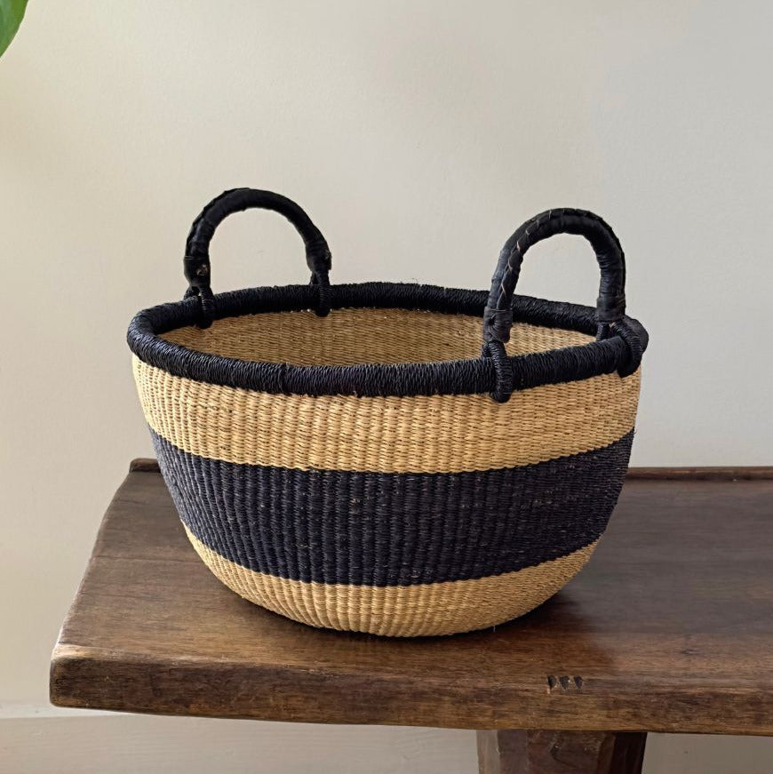 Handwoven African Catch-All Basket – Natural with Black-0