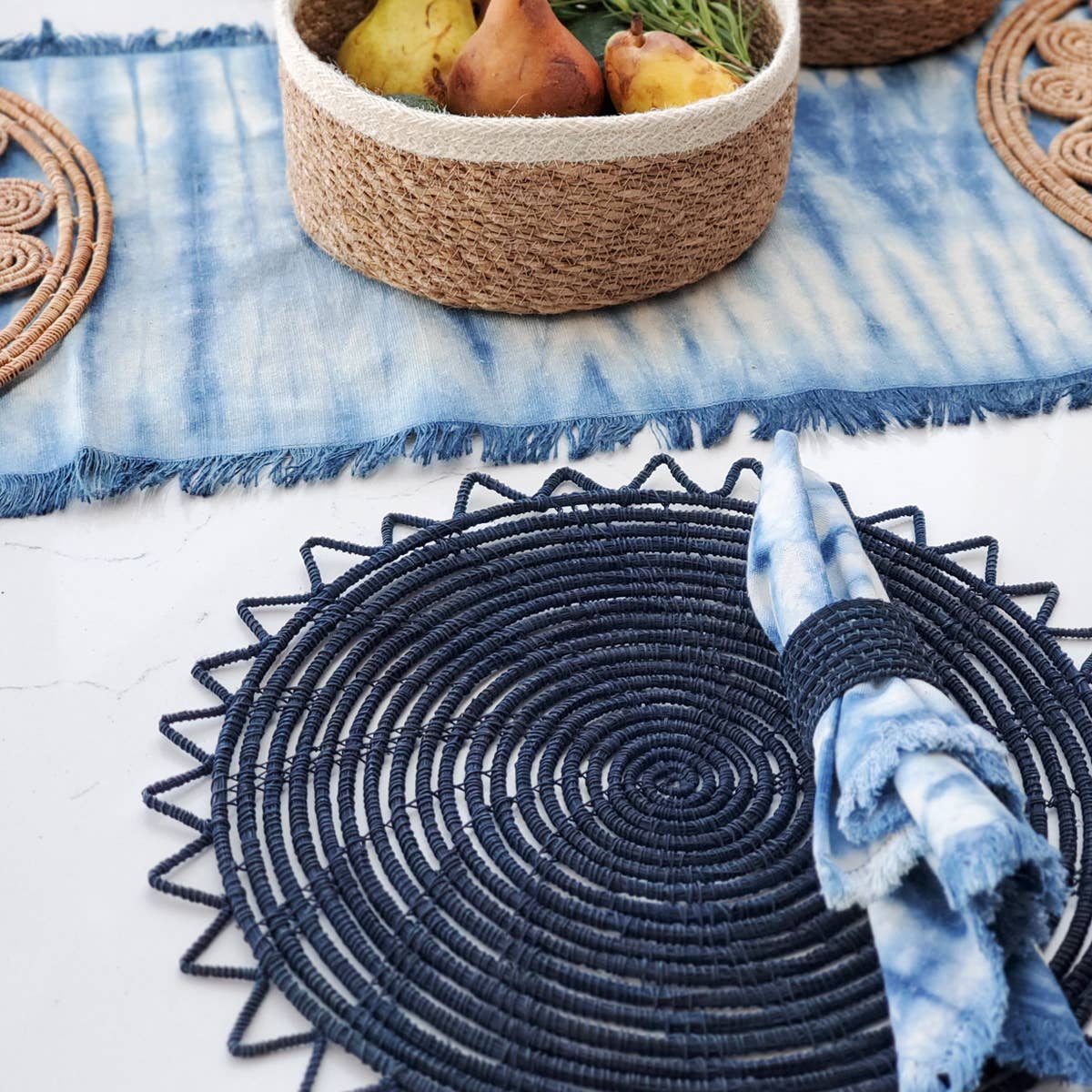 Handwoven Palm Fiber Napkin Ring - Indigo Blue (Set of 4)