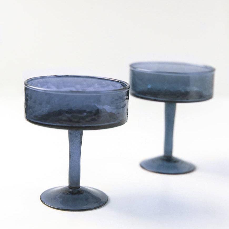 Handblown Hammered Coupe Cocktail Glass Pair: Blue