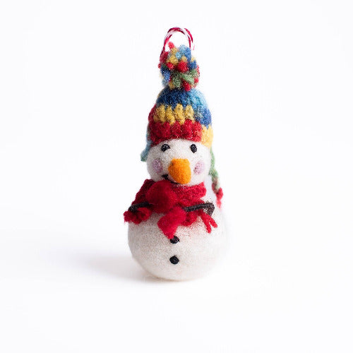 handmade felt snowman ornament with a colorful hat and scarf on a white background
