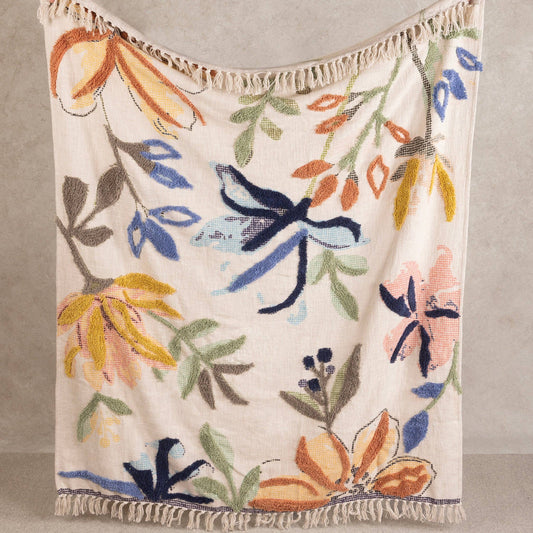Floral patterned handcrafted blanket with colorful flowers on a neutral background
